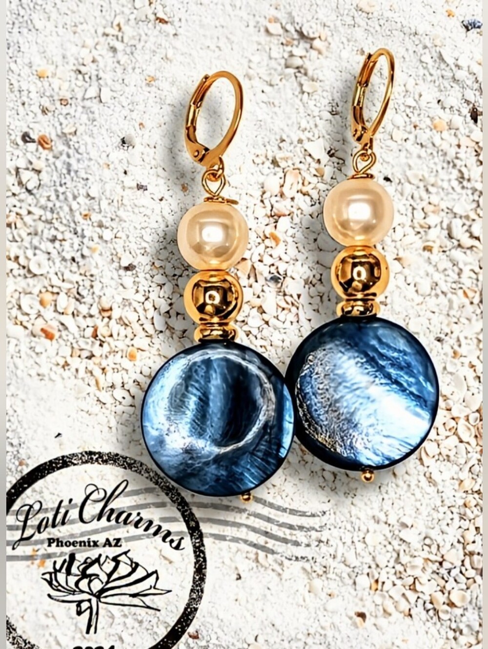 Teal Peacock Mother Of Pearl And Baroque Pearl In Gold Plated Earrings